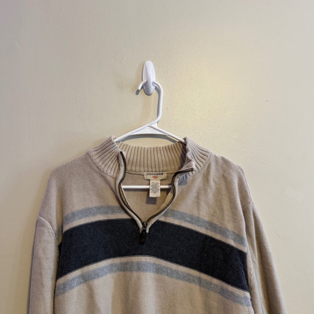 Vintage Men's Beige Quarter Zip Striped Sweater XL 100% Cotton Basics Staples